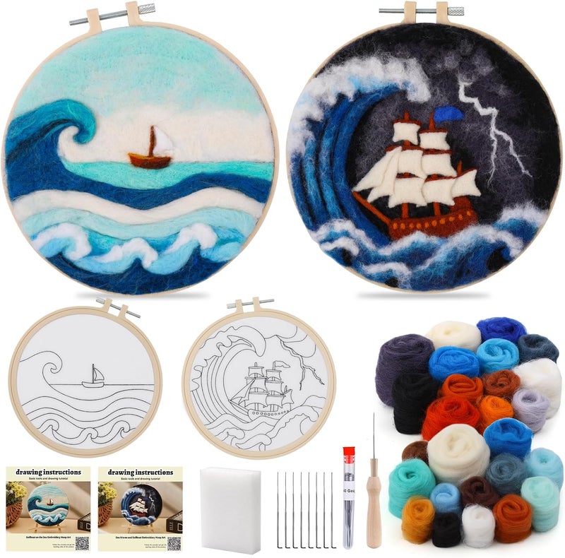 QMNNMA Needle Felting Kits, Wool Felting Kit with Picture Frame, Foam Pad, Felt Cloth, and Instructions, Needle Felt Painting Kit for Home Decoration (Sea Waves and Sailboats) - Image 1